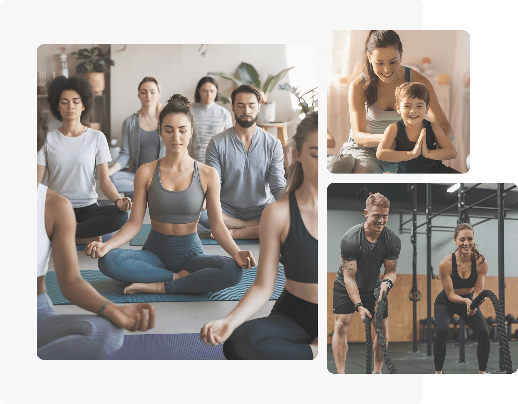 Salle de sport moderne avec des pratiquants de différents niveaux, ambiance conviviale et professionnelle